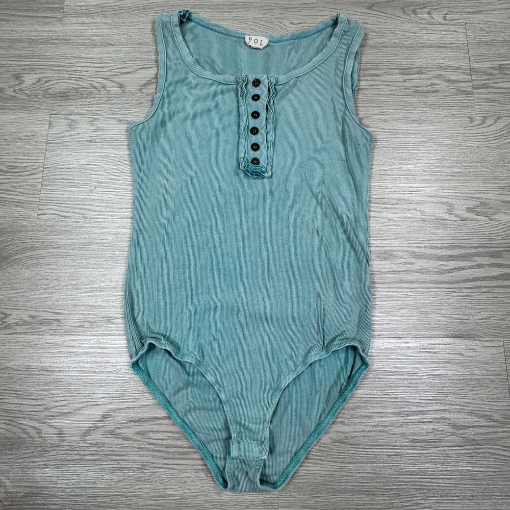 POL Women's Bodysuit‎ Teal Blue Small Henley Ruffle Ribbed Knit Sleeveless